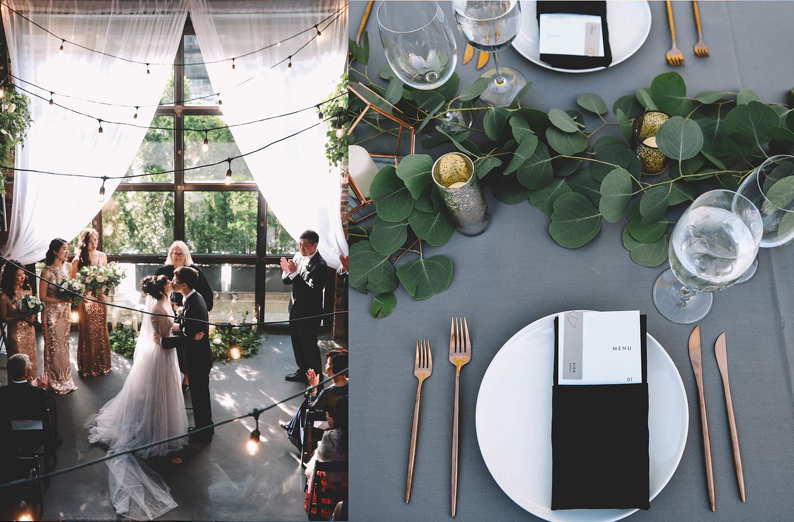 Ceremony kiss at The Foundry in LIC and preset guest table setting