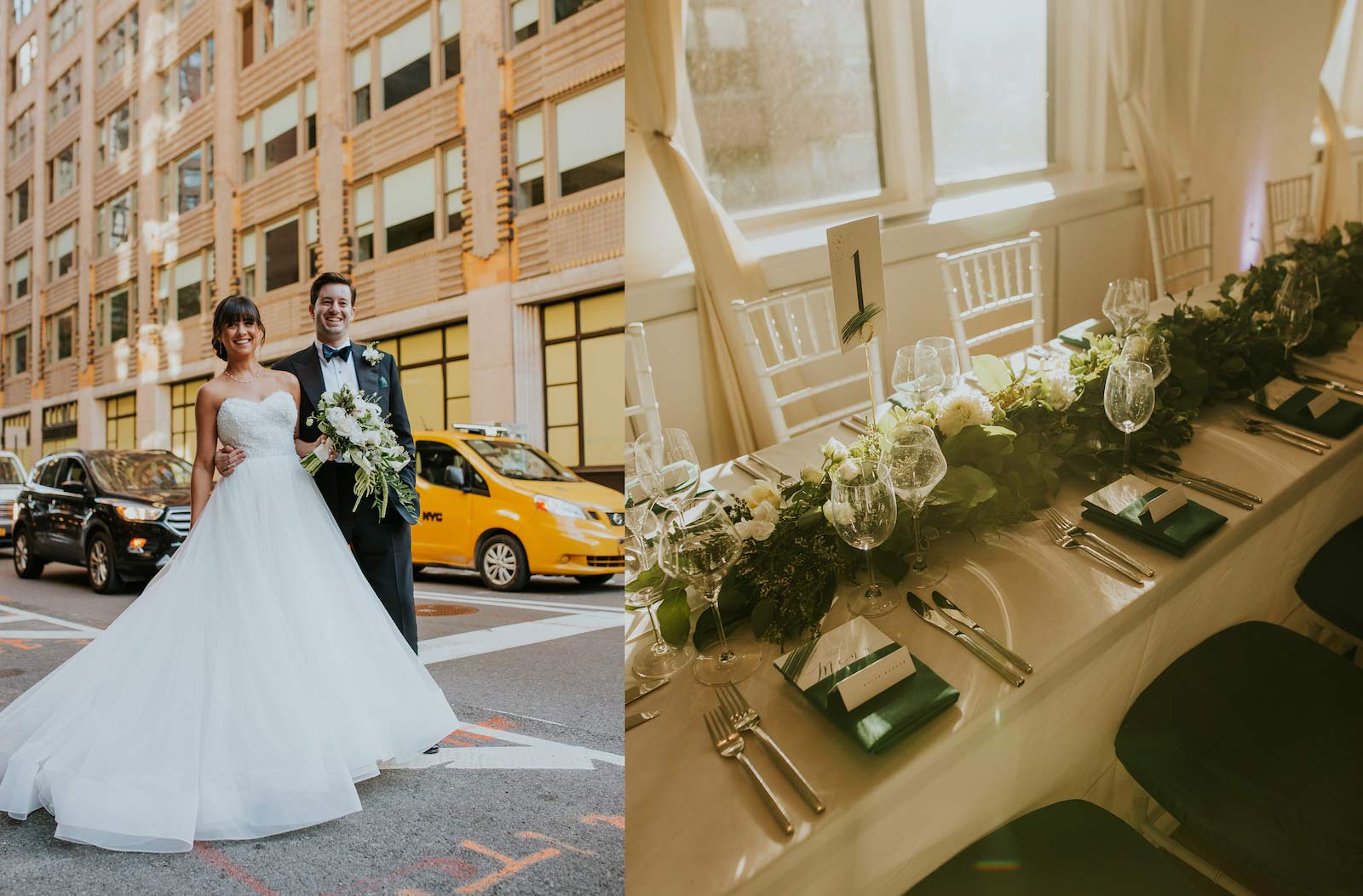 Simon and Olesia's posing in NYC street and their table setting at The Midtown Loft and Terrace in NYC